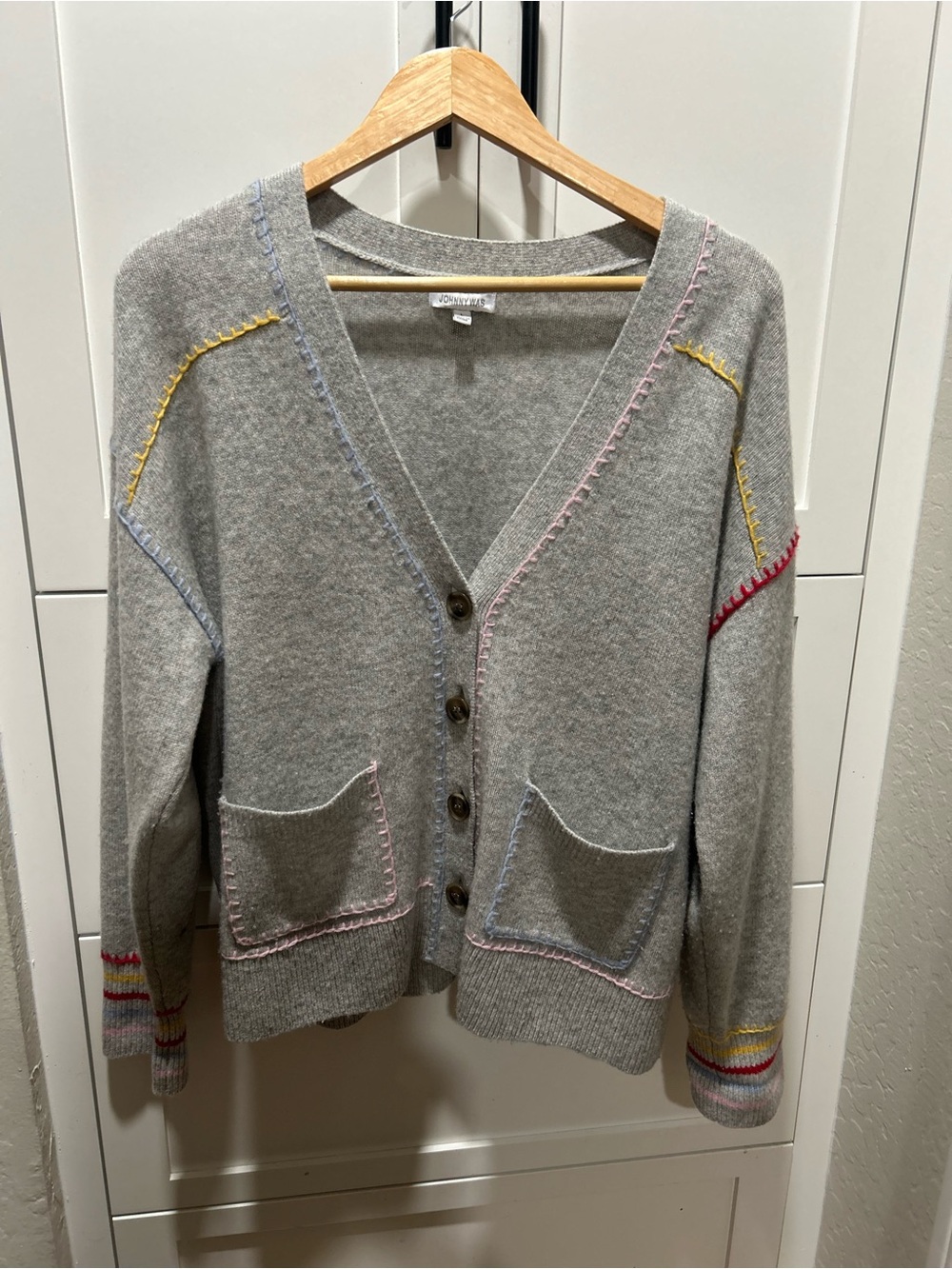 Johnny Was Gray V-Neck Cardigan with Pink, Blue, Yellow and Red Accent Stitching